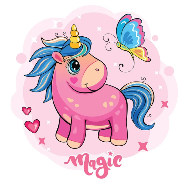 Bir Kelebek Ile Karikatür Pembe Unicorn Tatlı Küçük Midilli Romantik — Stok Vektör