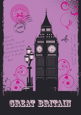 Ingiltere. Londra mimarisi ile soyut illüstrasyonlar kümesi. Vintage kartpostal. Büyük Ben. Vektör.