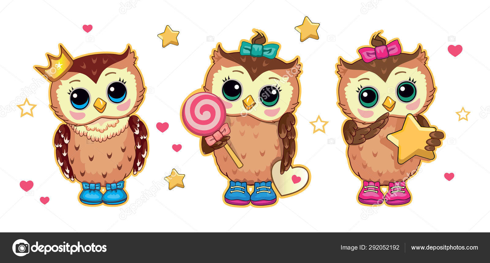 Set Cartoon Cute Funny Owls Star Candy Crown Isolated Children's Stock  Vector Image by ©penochka1 #292052192