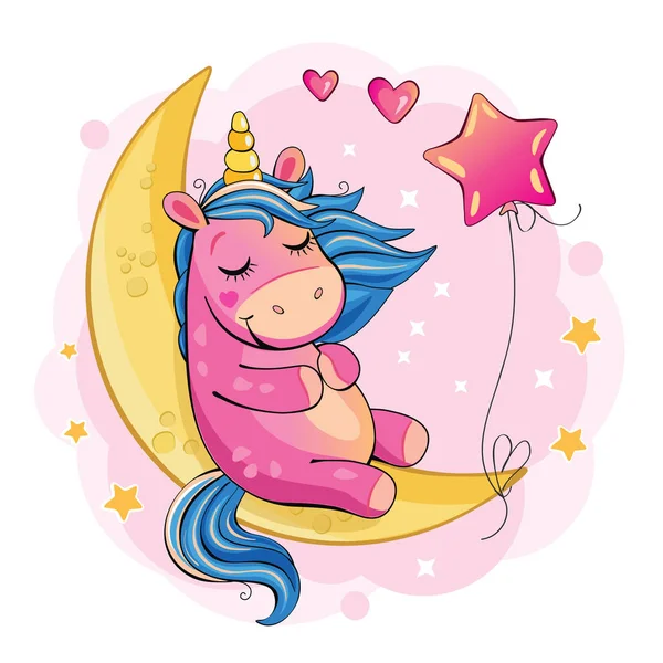 一只可爱的卡通独角兽正坐在月亮上 还有一只粉红色的气球 神话般的插图与小马 明星和心脏 浪漫的故事仙境 — 图库矢量图片