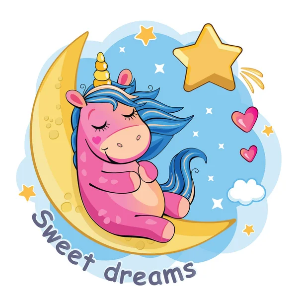 一只可爱的粉红色独角兽正坐在月球上 卡通插图与小马 明星和心脏 浪漫的故事仙境 — 图库矢量图片