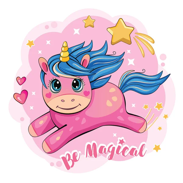Cute Funny Unicorn Flying Sky Cartoon Fabulous Illustration Pink Little — Stock Vector