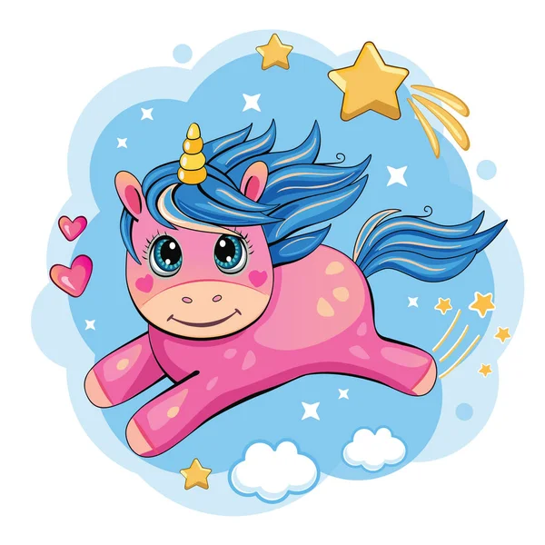 Une Licorne Mignonne Drôle Vole Travers Ciel Dessin Animé Illustration — Image vectorielle