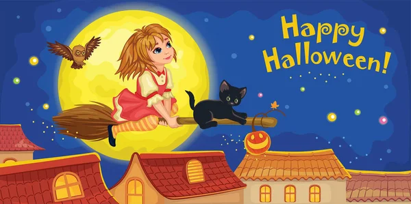 猫和小巫婆骑在扫帚上飞舞 有月亮和星星的夜空 万圣节快乐的明信片 朋友或家人 梦幻岛矢量图解 儿童壁纸的童话故事背景 — 图库矢量图片