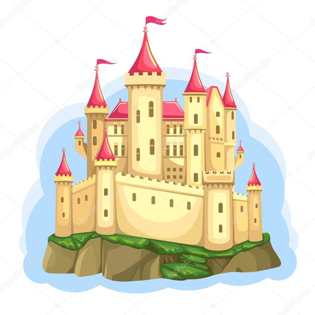 FairyTale  castle on the rock. Palace for Princess. Isolated Cartoon Illustration. Wonderland. Vector.