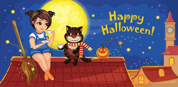 Gato Bruxinha Estão Comemorando Halloween Feliz Céu Noturno Com Lua — Vetor de Stock