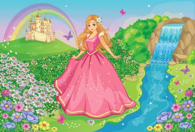 Pembe elbiseli, balo elbisesi giymiş güzel bir prenses. Peri masalı ve romantik bir hikaye. Çiçek çayırı, kale, gökkuşağı, güzel şelale ve nehir ile muhteşem bir arka plan. Harikalar Diyarı. Çocuklar için çizgi film çizimi. Vektör.