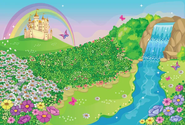 Märchenhafter Hintergrund Mit Blumenwiese Schloss Regenbogen Wunderschönem Wasserfall Und Fluss — Stockvektor