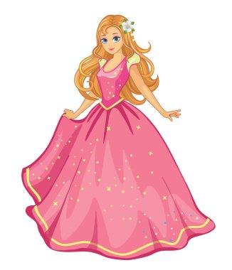 Beyaz arka planda pembe bir elbise / balo elbisesi içinde güzel bir prenses. Peri masalı ve romantik bir hikaye. Çocuklar için izole çizgi film çizimi. Vektör. 