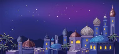 Yıldızlı gökyüzü. Doğuda büyülü bir gece. Geleneksel çamur evleri, antik tapınakları ve camii olan bir masal Arap manzarası. Müslümanların şehri. İnşaat Dini. Çizgi Duvar Kağıdı. Harika bir arkaplan.