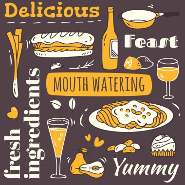 çeşitli gıda simgeler, vektör çizim karikatür tarzı ayarlamak