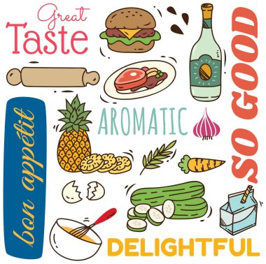 çeşitli gıda simgeler, vektör çizim karikatür tarzı ayarlamak