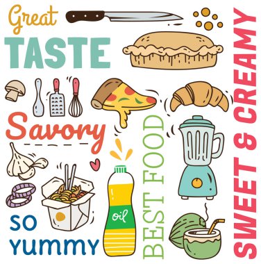 çeşitli gıda simgeler, vektör çizim karikatür tarzı ayarlamak