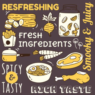 çeşitli gıda simgeler, vektör çizim karikatür tarzı ayarlamak