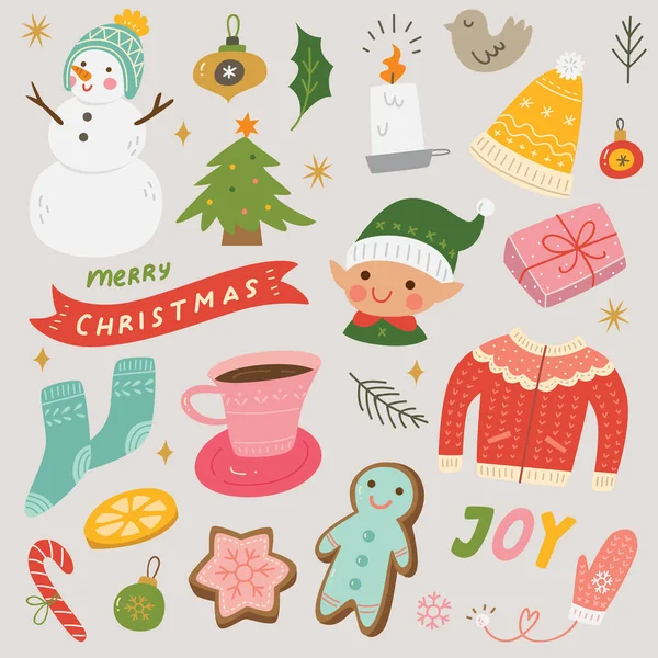 クリスマスと新年の挨拶カード雪だるまとかわいい漫画のキャラクター — ストックベクタ