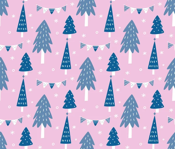 モミの木や雪の結晶とクリスマスのシームレスなパターン — ストックベクタ