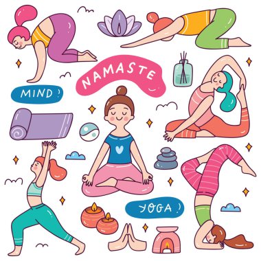 Yoga ve sağlıklı yaşam tarzının vektör kümesi