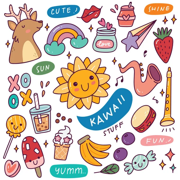 Vector Conjunto Iconos Kawaii — Archivo Imágenes Vectoriales