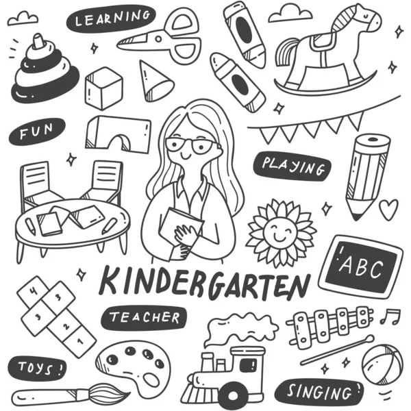 Vektor Set Von Doodle Kindergarten Symbolen — Stockvektor