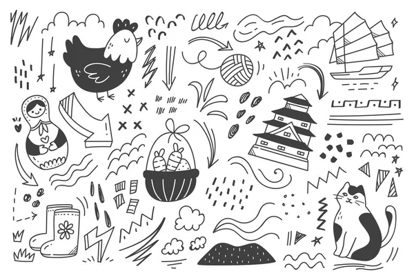 Doodle Set Von Schwarz Weißen Cartoon Hand Gezeichnet Vektor Illustration — Stockvektor