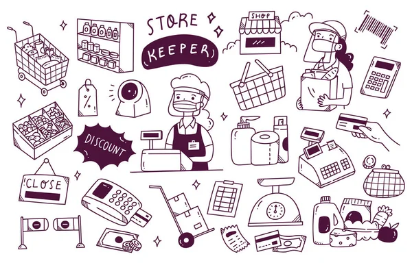 Ilustração Vetorial Conjunto Compras Doodle — Vetor de Stock