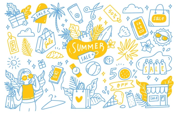 Verão Férias Vetor Mão Desenhado Doodle Conjunto — Vetor de Stock