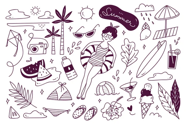 Vacaciones Verano Conjunto Iconos Viaje Ilustración Vectorial — Archivo Imágenes Vectoriales