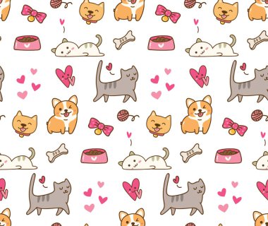 Sevimli kedileri ve kalpleri olan kusursuz bir desen.
