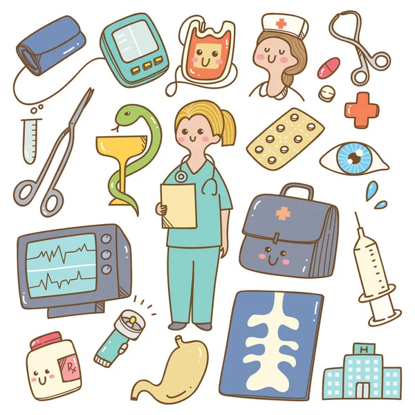 Illustrazione Vettoriale Doodle Medico Kawaii — Vettoriale Stock