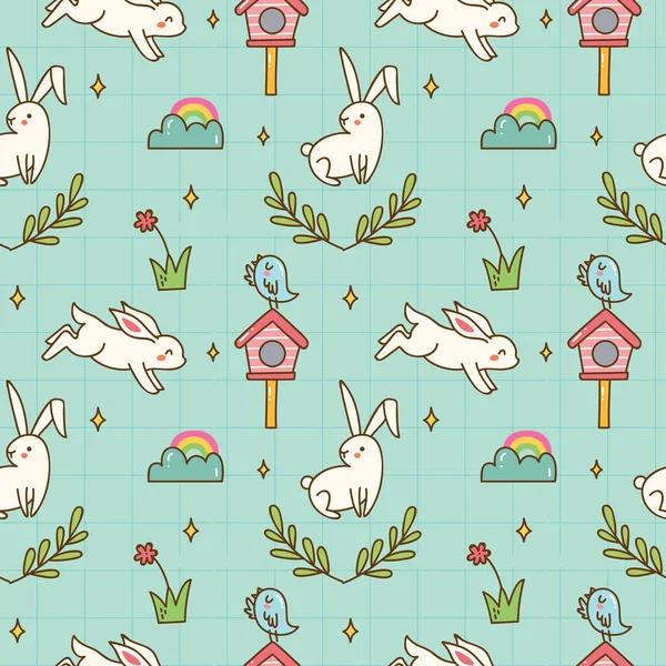 Seamless Pattern Cute Rabbits Flowers — Stock Vector