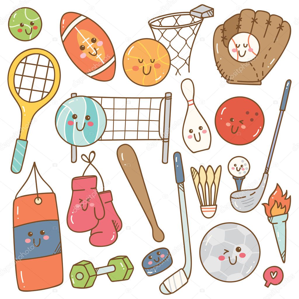 vector set of doodle style and drawing of sports equipment