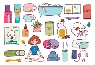 Spa, güzellik ve pedikür. hijyen ve temizlik aksesuarlarının vektör kümesi.