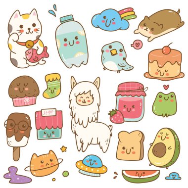 kawaii karalama elementlerinin vektör kümesi