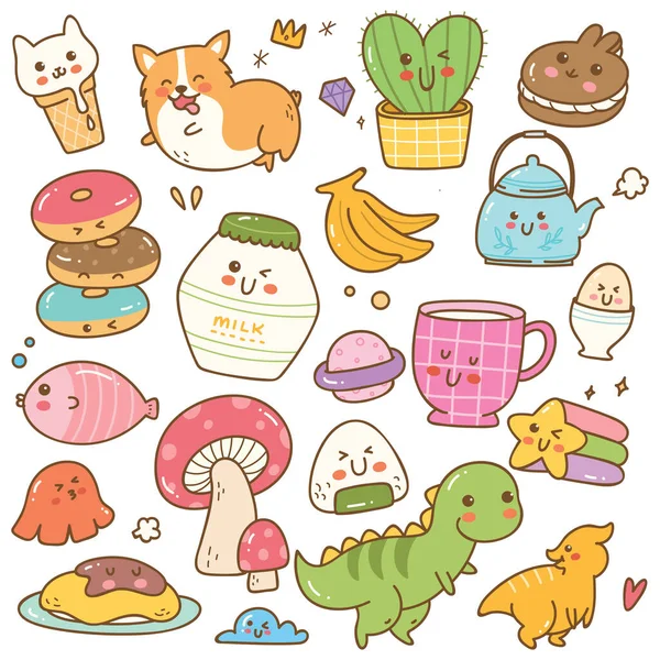 Vectorset Van Kawaii Doodle Elementen — Stockvector