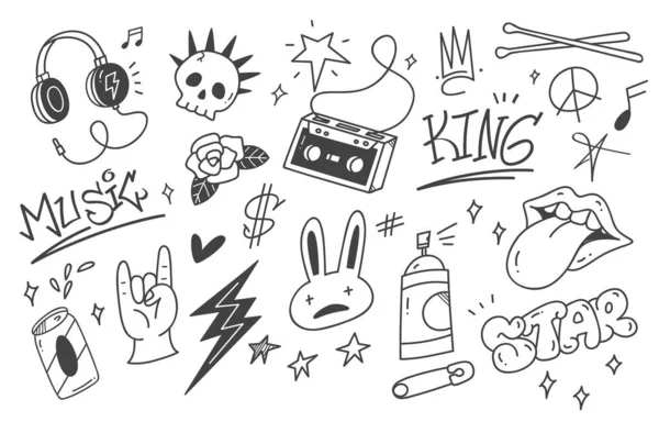 Vector Conjunto Mano Dibujado Punk Doodle Elementos — Vector de stock