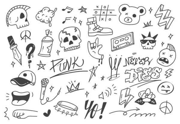 Vetor Conjunto Mão Desenhado Elementos Punk Doodle — Vetor de Stock