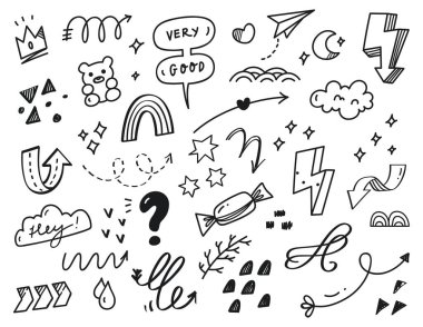 Dağınık farklı simgelerle şirin, pürüzsüz vektör çizimi 