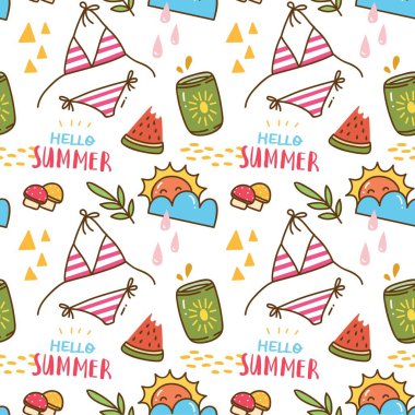 Yaz ikonları, bikinileri, içecekleri, bitkileri olan kusursuz bir vektör çizimi