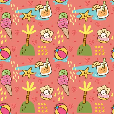 Yaz ikonları, balolar, içecekler ve bitkilerle kusursuz vektör çizimi