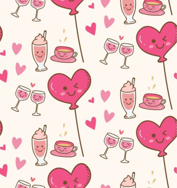 Gıda ikonları, aşk kalpleri, fincanlar ve içeceklerle kusursuz vektör çizimi 