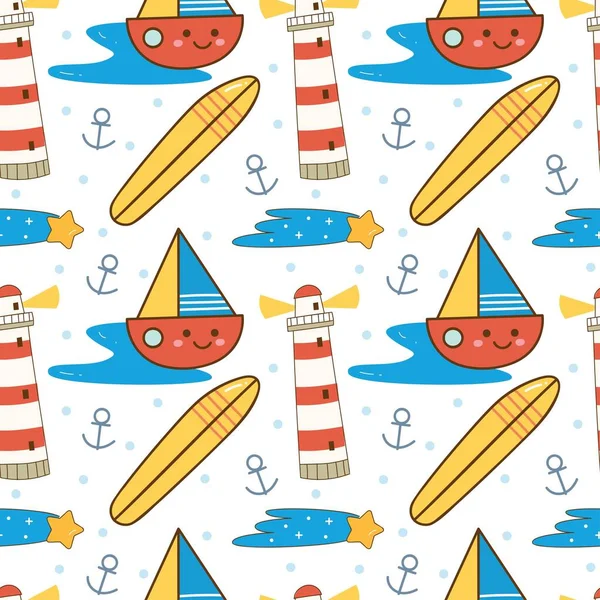 Illustration Vectorielle Sans Couture Mignonne Avec Des Bateaux Mer Phares — Image vectorielle