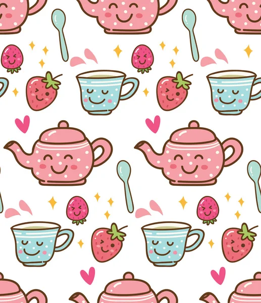 Милая Бесшовная Векторная Иллюстрация Пищевыми Иконками Чайниками Чашками Клубникой — стоковый вектор