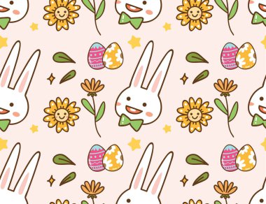 Paskalya tavşanları, yumurtalar ve çiçeklerle kusursuz vektör çizimi