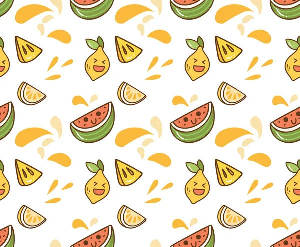 Schattige Naadloze Vector Illustratie Met Voedsel Pictogrammen Watermeloen Plakjes Citroenen — Stockvector