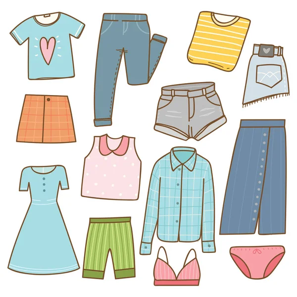 Cute Seamless Vector Illustration Icons Set Girl Clothes Fashion Style — Stock Vector