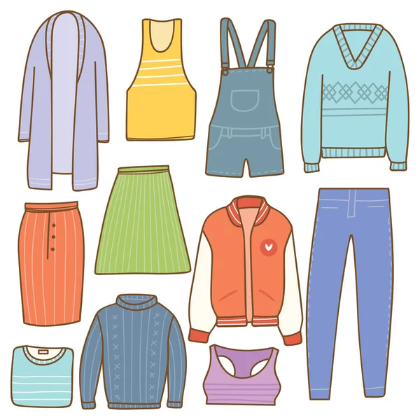 Schattig Naadloos Vector Illustratie Met Pictogrammen Set Van Meisje Kleding — Stockvector