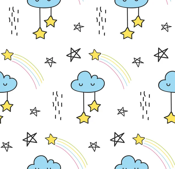 Ilustração Vetor Sem Costura Bonito Com Nuvens Chovendo Ícones Estrelas — Vetor de Stock