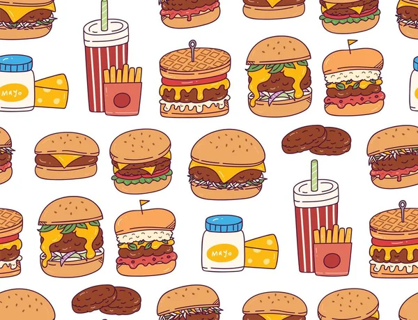 Hamburguesas Garabato Inconsútil Patrón Vector Ilustración — Archivo Imágenes Vectoriales