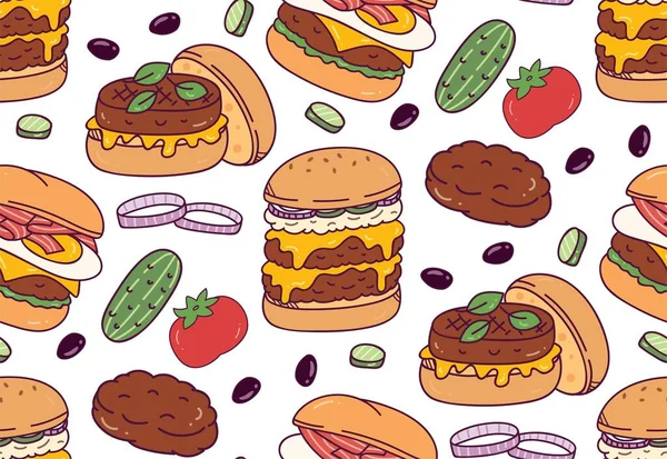 Hamburgers Gribouiller Motif Sans Couture Vecteur Illustration — Image vectorielle