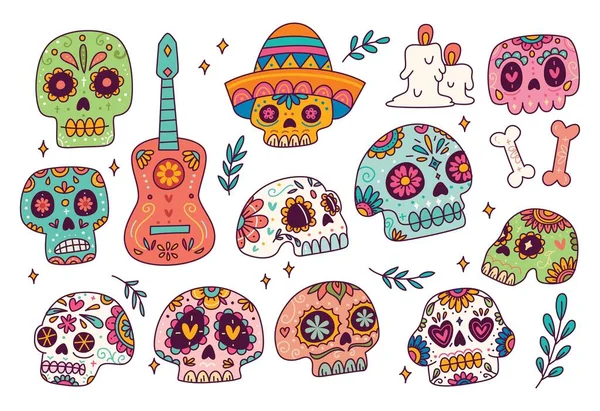 Hand Drawn Vector Illustration Colorful Sugar Skulls — Stock Vector